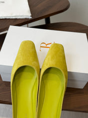 THE ROW 26S POINTED TOE MULES IN LIME GREEN SUEDE