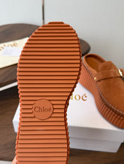 CHLOE 26S PLATFORM MULES IN BROWN SUEDE