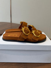 DIOR 26S MEDAILLON BUCKLE SLIDE IN CARAMEL BROWN SUEDE GOLD HARDWARE