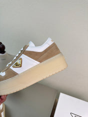 PRADA 26S DOWNTOWN THICK SOLE SNEAKERS IN WHITE CALFSKIN AND BROWN SUEDE