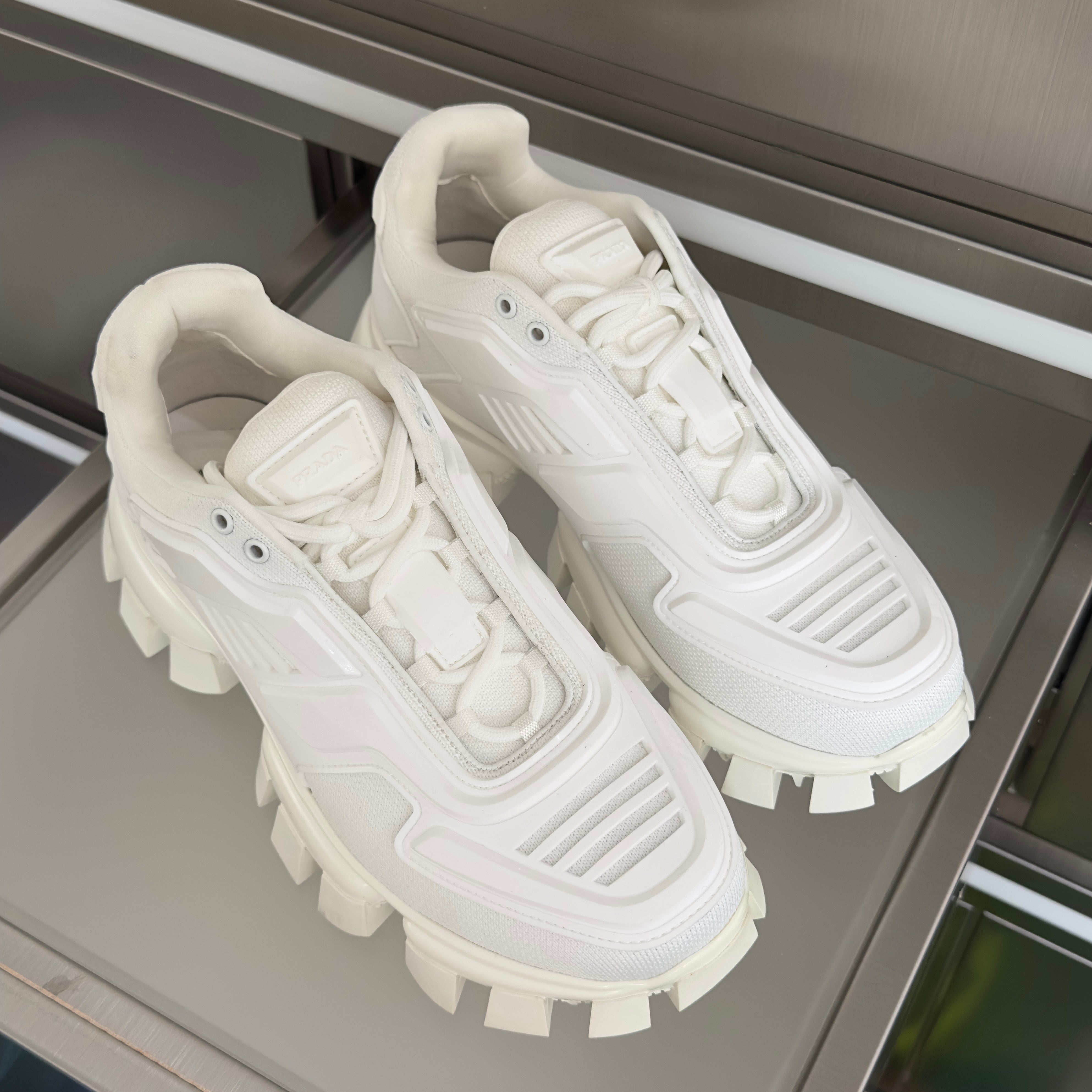 PRADA 26S CLOUDBUST THUNDER SNEAKERS 60MM IN WHITE MESH FABRIC AND TPU