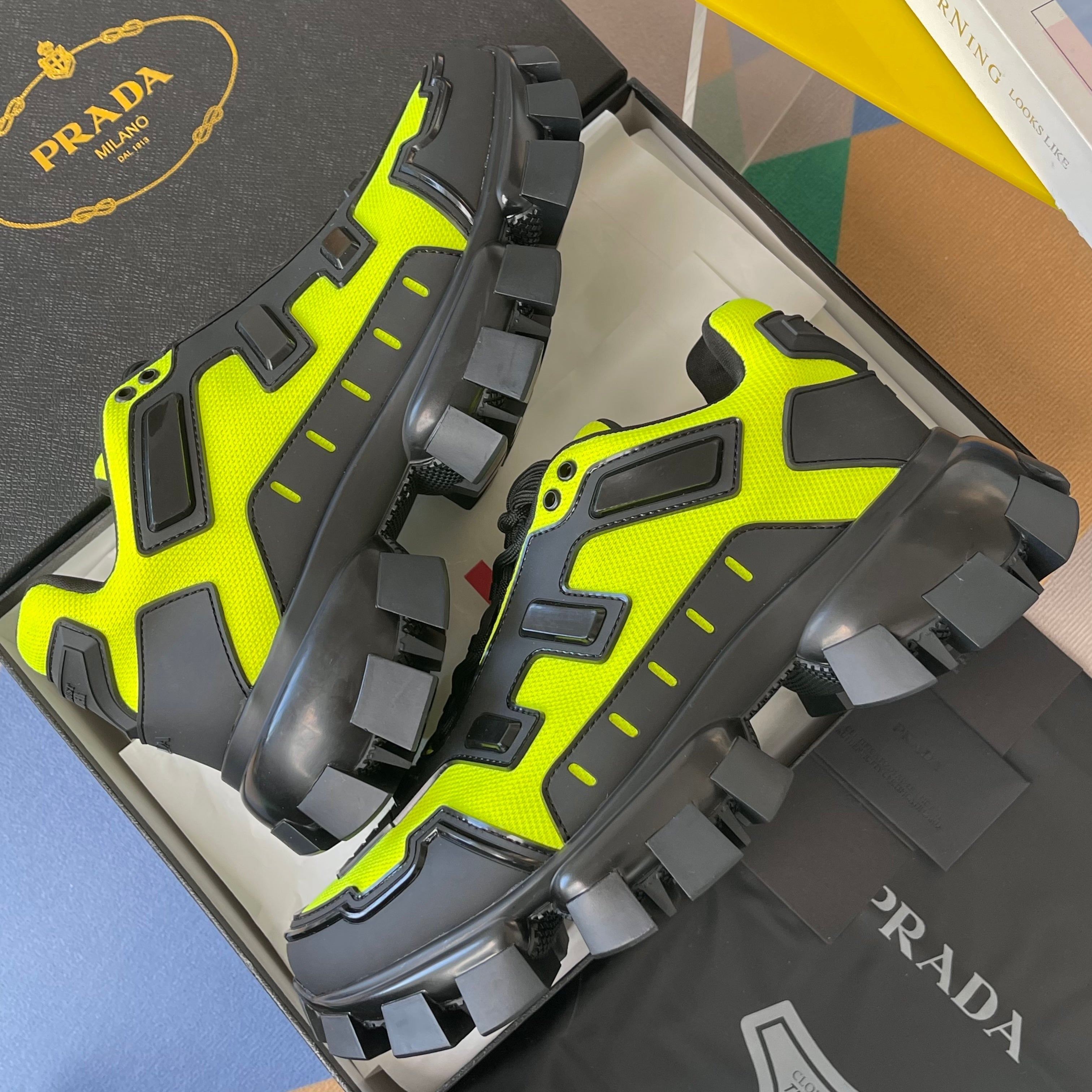 PRADA 26S CLOUDBUST THUNDER SNEAKERS 60MM IN LIME YELLOW MESH FABRIC