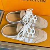 LV 26S LACE UP MULE SNEAKERS IN LIGHT BROWN SUEDE AND CALFSKIN