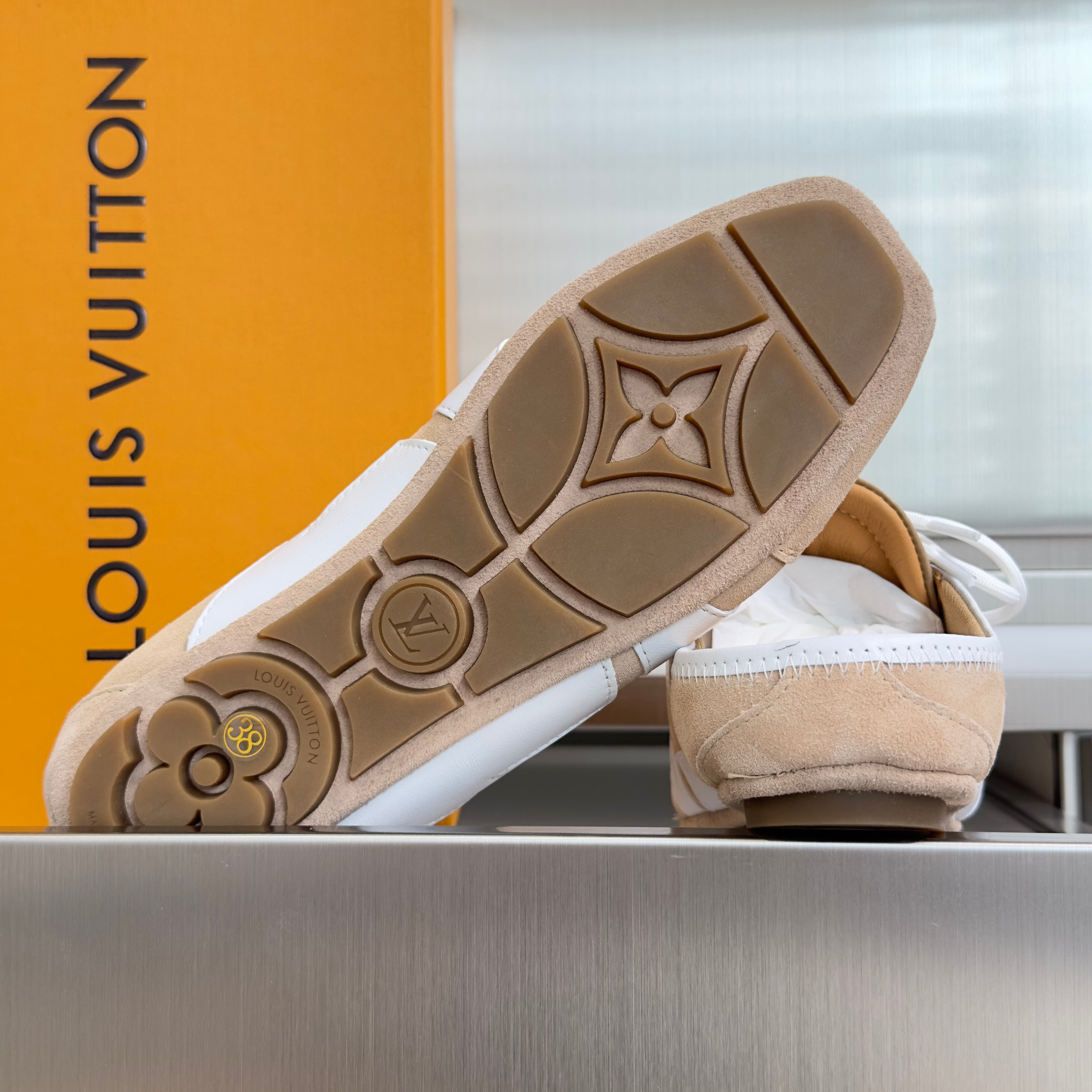 LV 26S LACE UP MULE SNEAKERS IN LIGHT BROWN SUEDE AND CALFSKIN