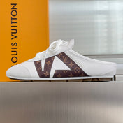 LV 26S LACE UP MULE SNEAKERS IN WHITE CALFSKIN AND BROWN MONOGRAM CANVAS