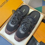 LV 26S LACE UP MULE SNEAKERS IN BLACK FABRIC AND BROWN MONOGRAM CANVAS