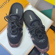 LV 26S LACE UP MULE SNEAKERS IN BLACK FABRIC AND BROWN MONOGRAM CANVAS