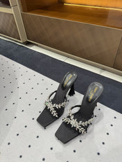 HIGH RHINESTONE CROSS STRAP MULES IN BLACK SILK