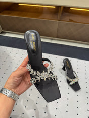 HIGH RHINESTONE CROSS STRAP MULES IN BLACK SILK