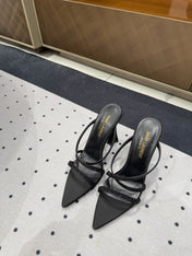 HIGH CRYSTAL STRAP SANDALS IN BLACK SILK