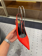 L'ENTRACTE SLINGBACK PUMPS IN RED SATIN
