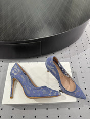 GIANVITO ROSSI 26S HIGH HEELS 105 MM IN PERIWINKLE BLUE LACE FABRIC