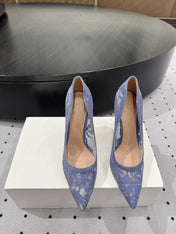 GIANVITO ROSSI 26S HIGH HEELS 105 MM IN PERIWINKLE BLUE LACE FABRIC