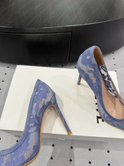GIANVITO ROSSI 26S HIGH HEELS 105 MM IN PERIWINKLE BLUE LACE FABRIC