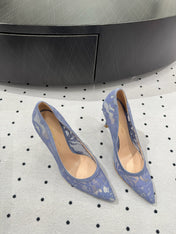 GIANVITO ROSSI 26S HIGH HEELS 105 MM IN PERIWINKLE BLUE LACE FABRIC
