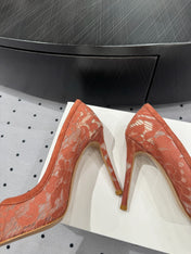 GIANVITO ROSSI 26S HIGH HEELS 105 MM IN PEACH ORANGE LACE FABRIC