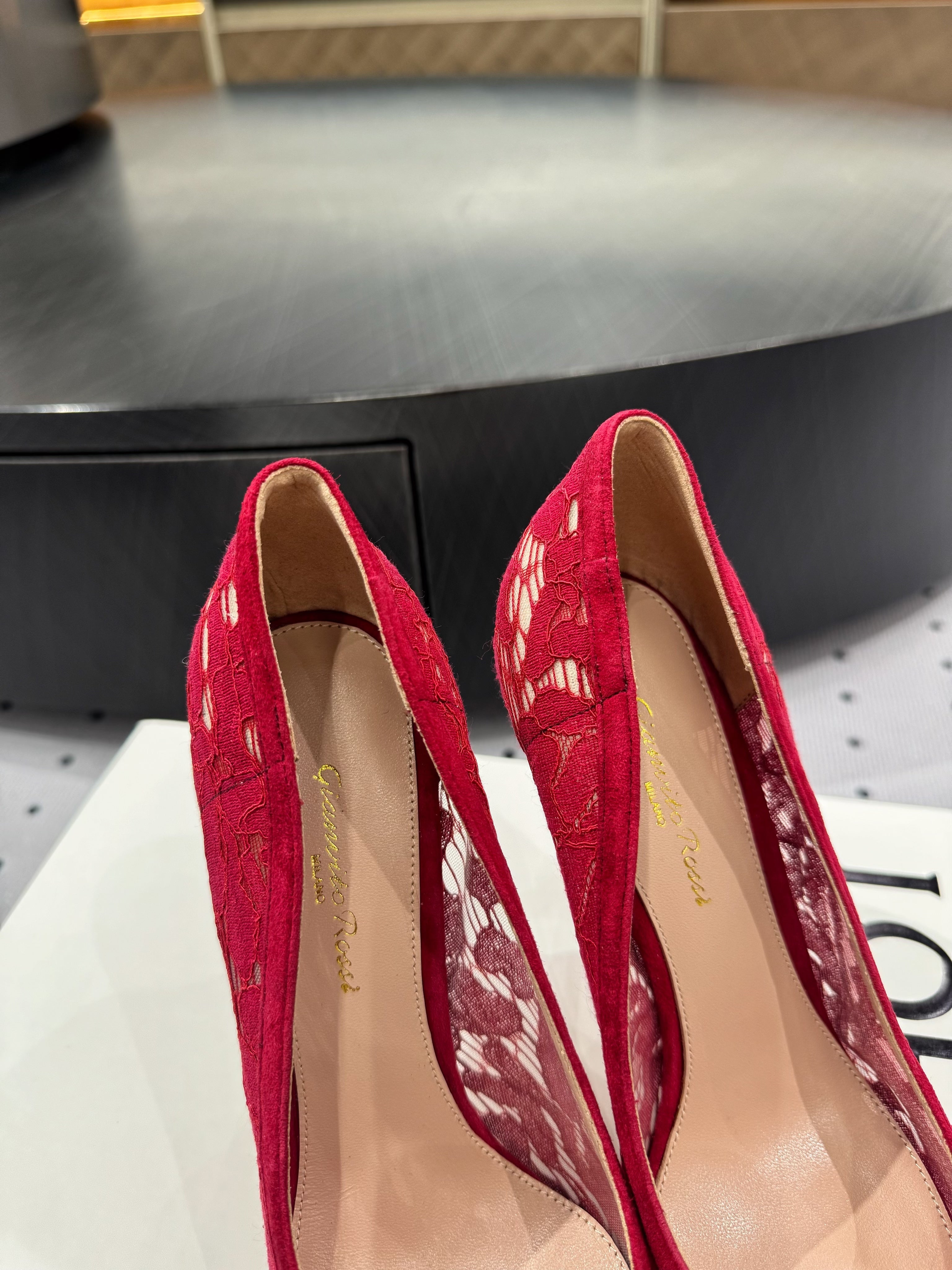 GIANVITO ROSSI 26S HIGH HEELS 105 MM IN DARK RED LACE FABRIC