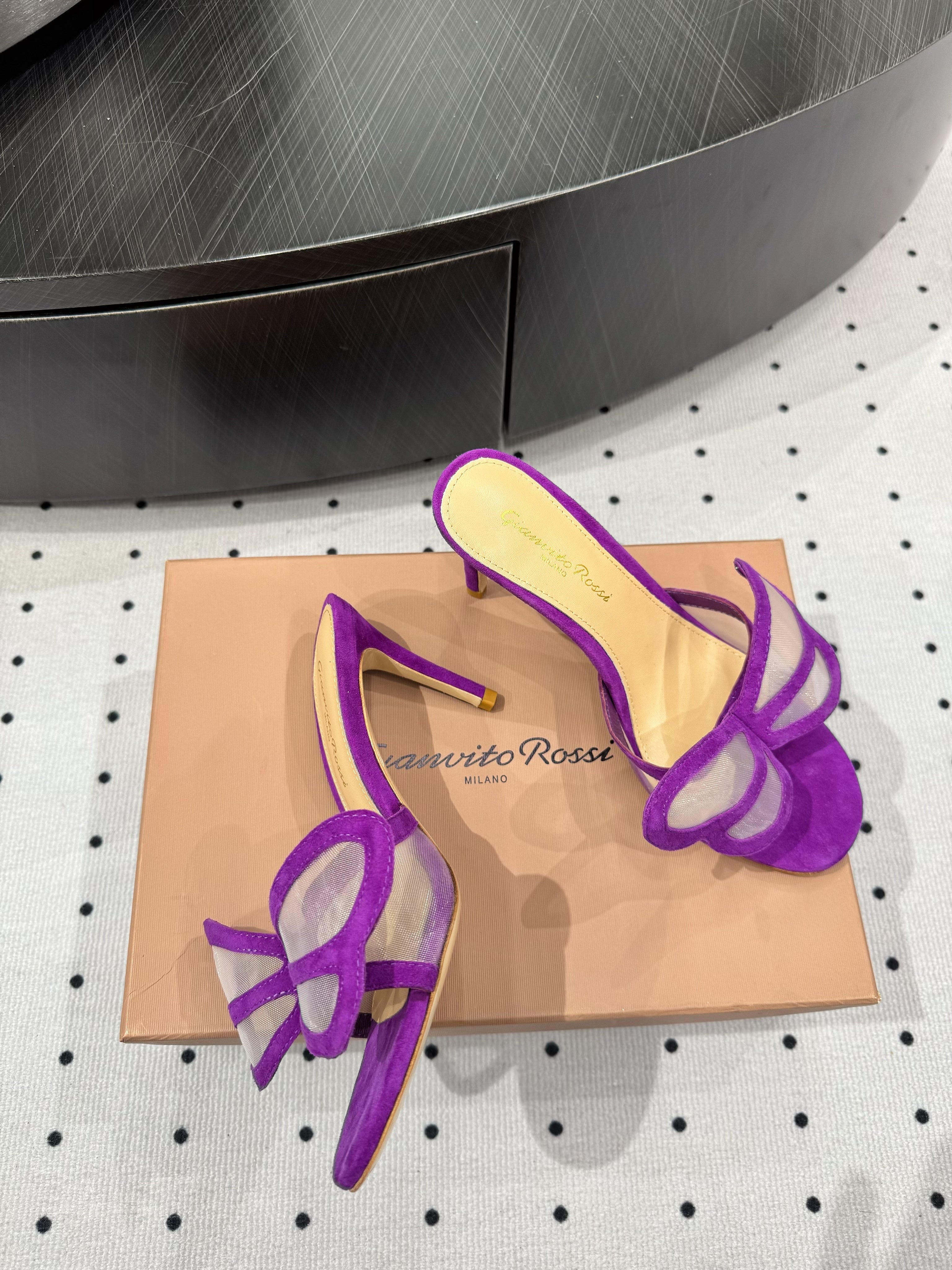 GIANVITO ROSSI 26S BUTTERFLY HIGH-HEEL SANDALS 80 MM IN DARK PURPLE SUEDE