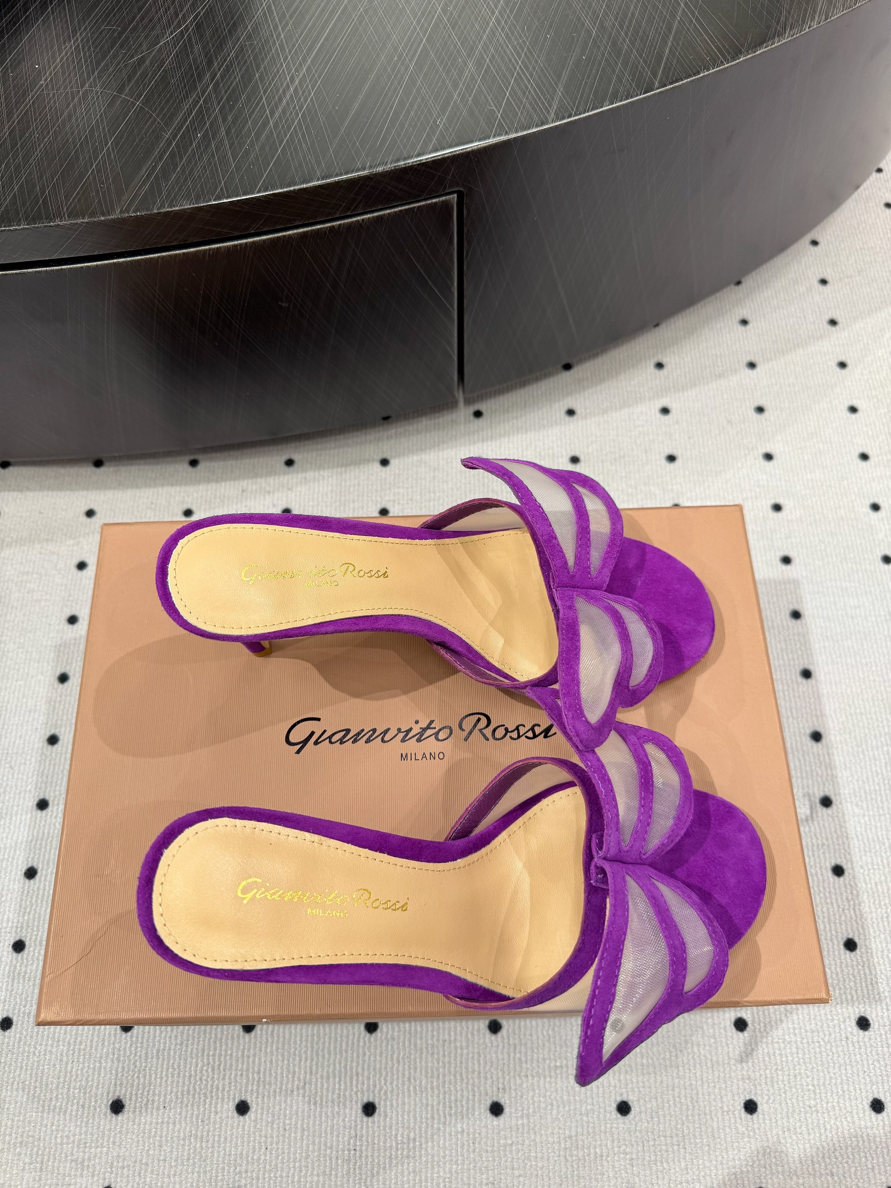 GIANVITO ROSSI 26S BUTTERFLY HIGH-HEEL SANDALS 80 MM IN DARK PURPLE SUEDE