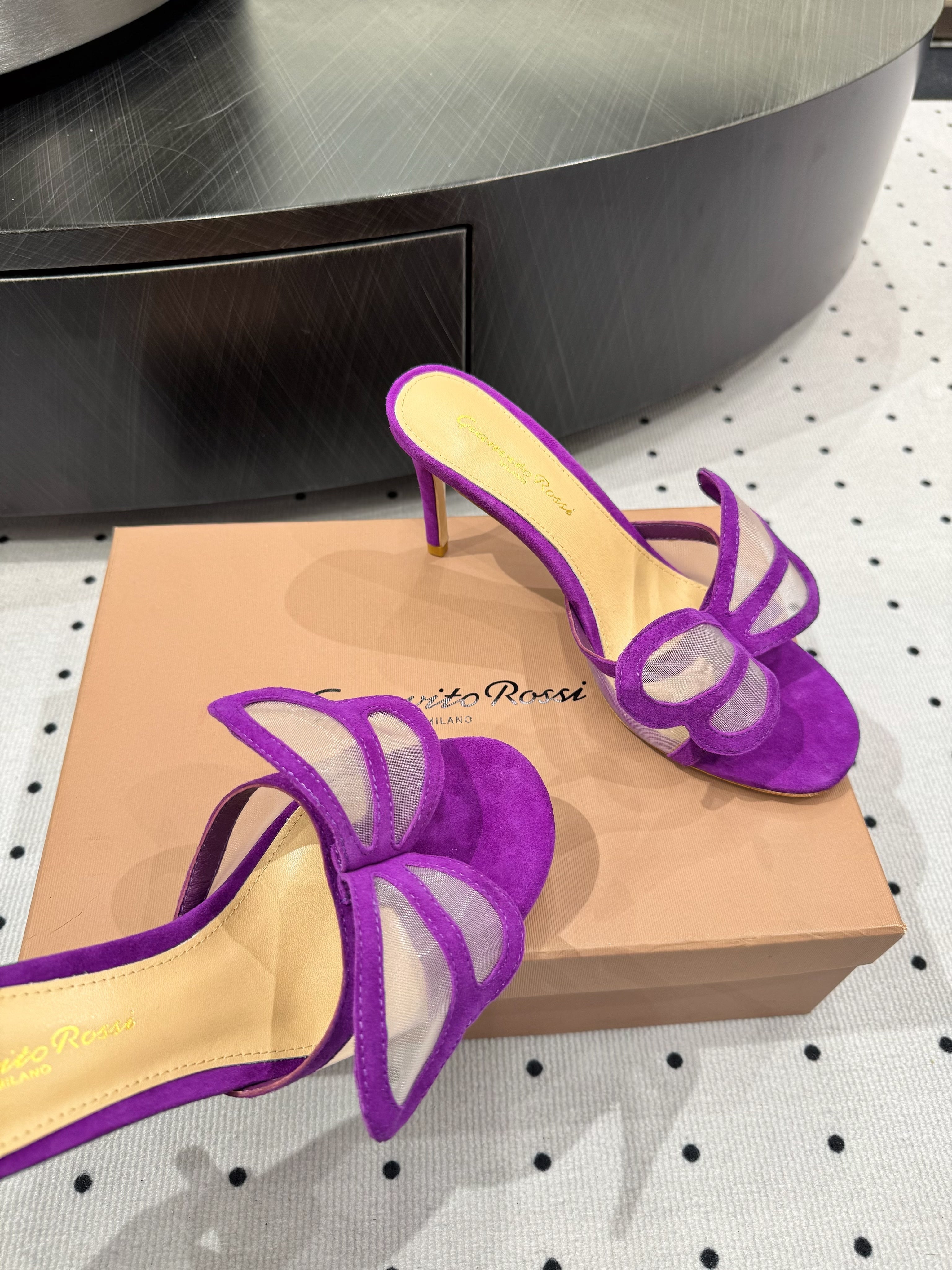 GIANVITO ROSSI 26S BUTTERFLY HIGH-HEEL SANDALS 80 MM IN DARK PURPLE SUEDE