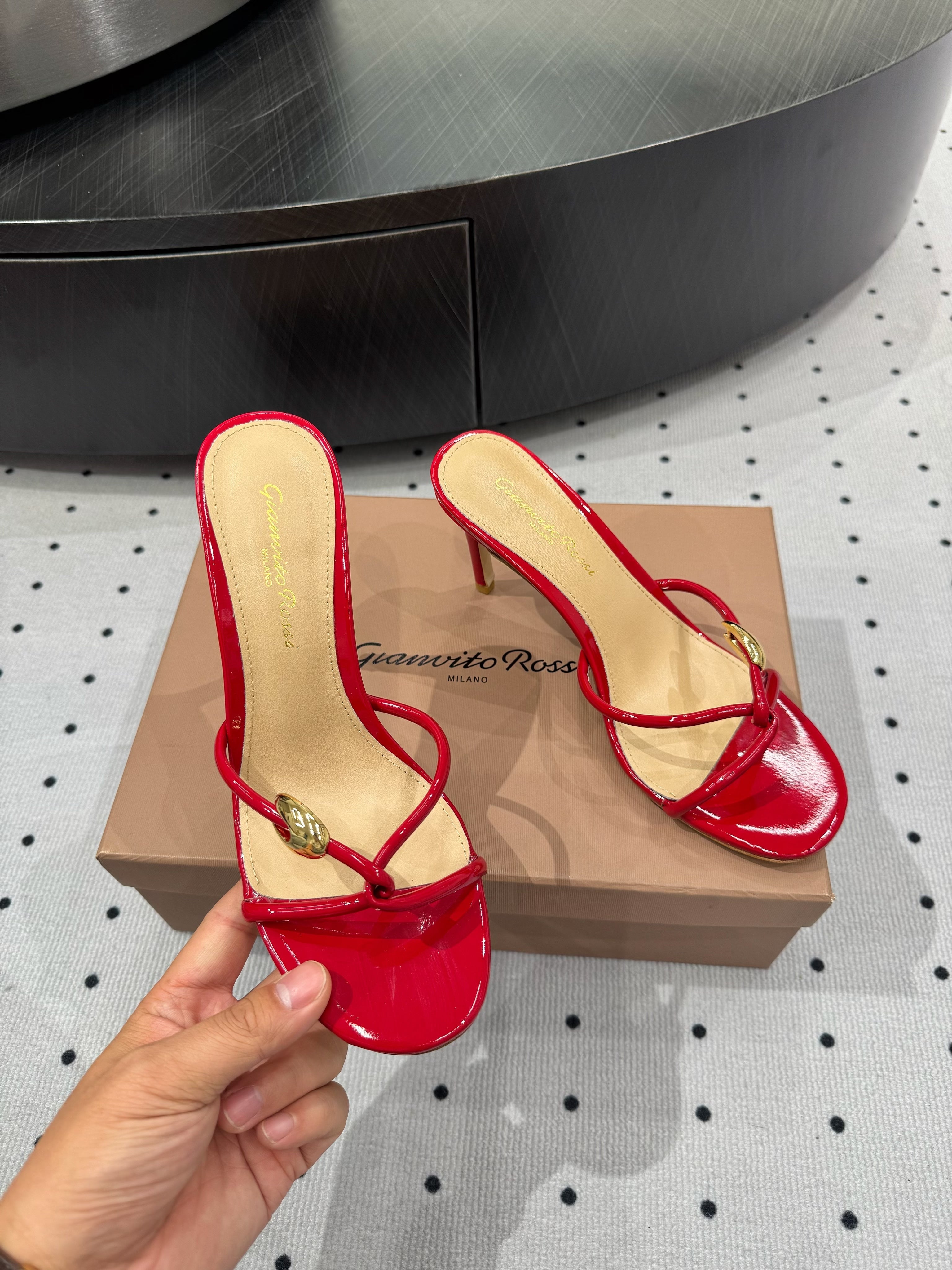 GIANVITO ROSSI 26S STRAPPY HEEL SANDALS 80 MM IN RED PATENT LAMBSKIN