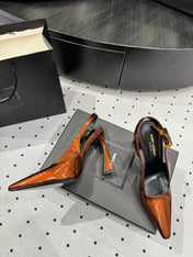 YSL 26S SLINGBACK HEELS 105 MM IN DARK ORANGE GLOSSY CALFSKIN WITH BUCKLE CLOSURE