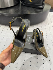 YSL 26S SLINGBACK HEELS 105 MM IN OLIVE GREEN GLOSSY CALFSKIN WITH BUCKLE CLOSURE