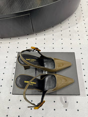 YSL 26S SLINGBACK HEELS 105 MM IN OLIVE GREEN GLOSSY CALFSKIN WITH BUCKLE CLOSURE