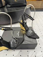 YSL 26S METAL-CAPPED WEDGE HEELS 105 MM IN BLACK SATIN