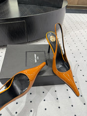 YSL 26S POINTED-TOE SLINGBACK HEELS 105 MM IN DARK ORANGE PATENT CALFSKIN STYLE 2