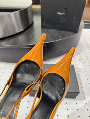 YSL 26S POINTED-TOE SLINGBACK HEELS 105 MM IN DARK ORANGE PATENT CALFSKIN STYLE 2