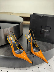 YSL 26S POINTED-TOE SLINGBACK HEELS 105 MM IN DARK ORANGE PATENT CALFSKIN STYLE 2