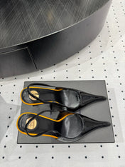 YSL 26S POINTED-TOE SLINGBACK HEELS 105 MM IN BLACK AND ORANGE PATENT CALFSKIN