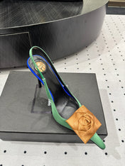 YSL 26S SLINGBACK HEELS 105 MM IN LIGHT BROWN AND GREEN SATIN