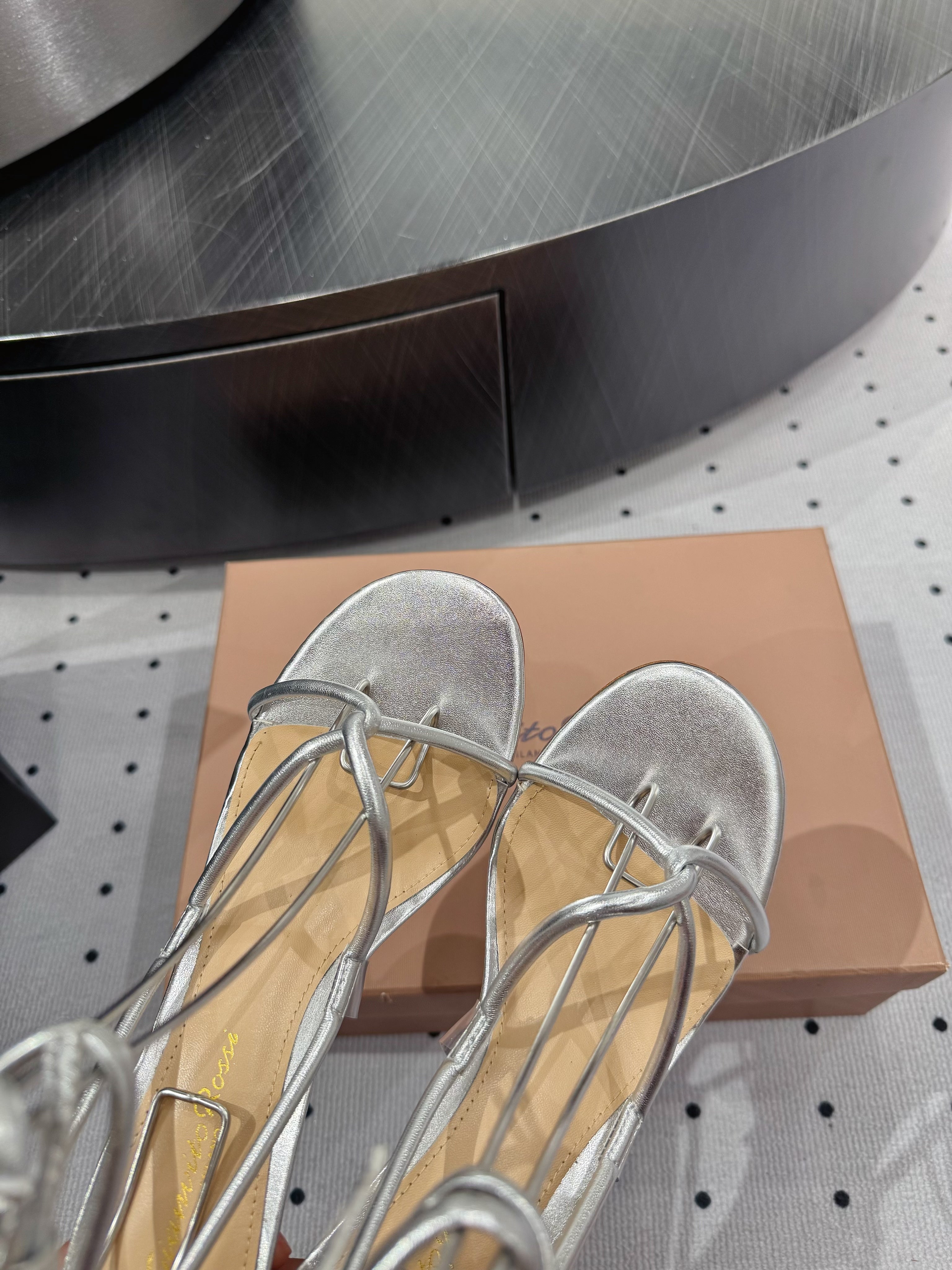 GIANVITO ROSSI 26S LACE-UP HEEL SANDALS 85 MM IN SILVER LAMBSKIN