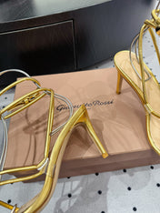 GIANVITO ROSSI 26S LACE-UP HEEL SANDALS 85 MM IN GOLD LAMBSKIN