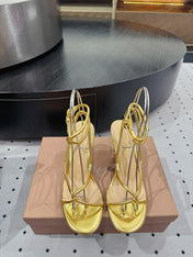 GIANVITO ROSSI 26S LACE-UP HEEL SANDALS 85 MM IN GOLD LAMBSKIN