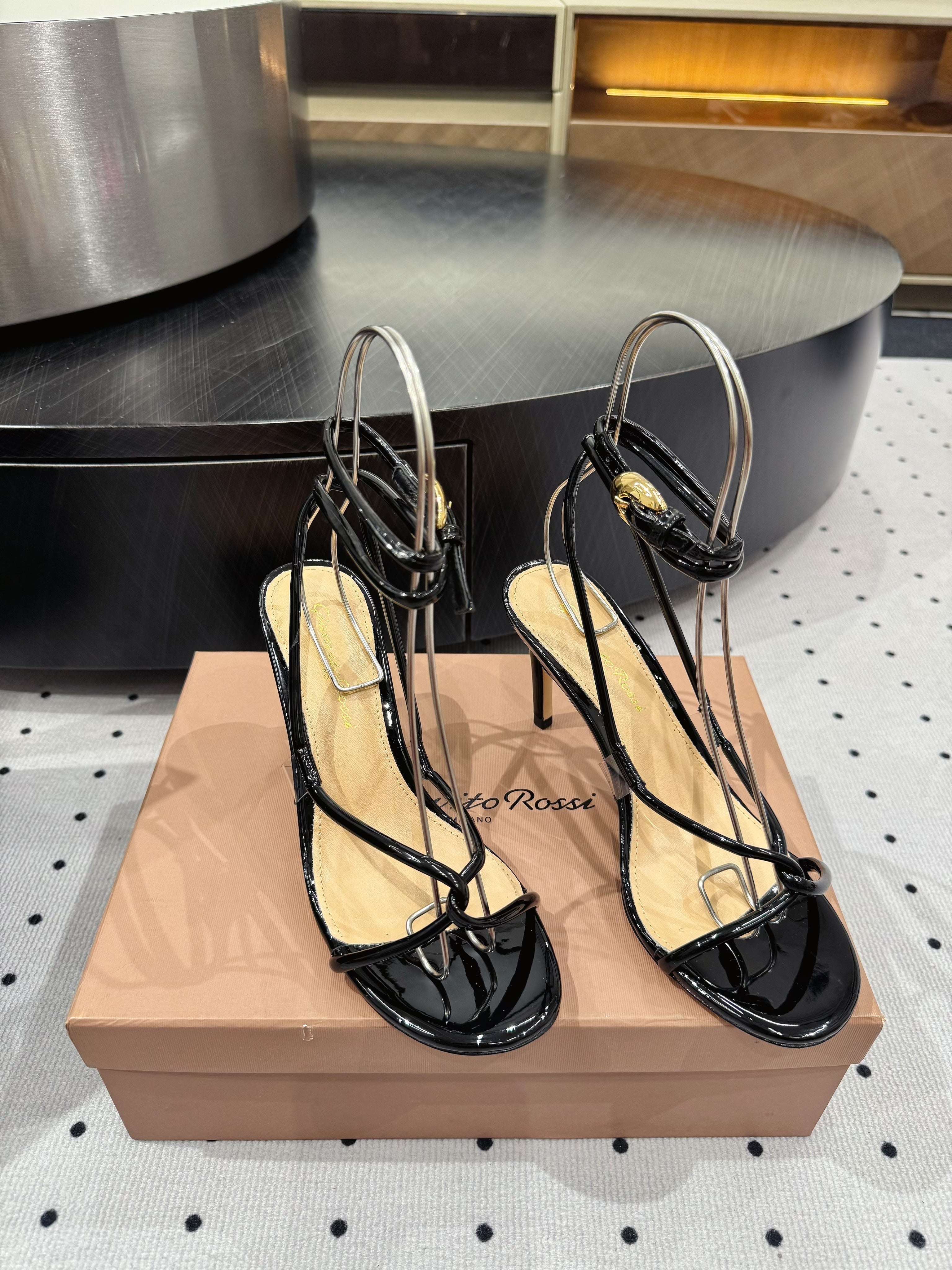 GIANVITO ROSSI 26S LACE-UP HEEL SANDALS 85 MM IN BLACK LAMBSKIN