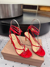 GIANVITO ROSSI 26S LACE-UP HEEL SANDALS 85 MM IN RED LAMBSKIN