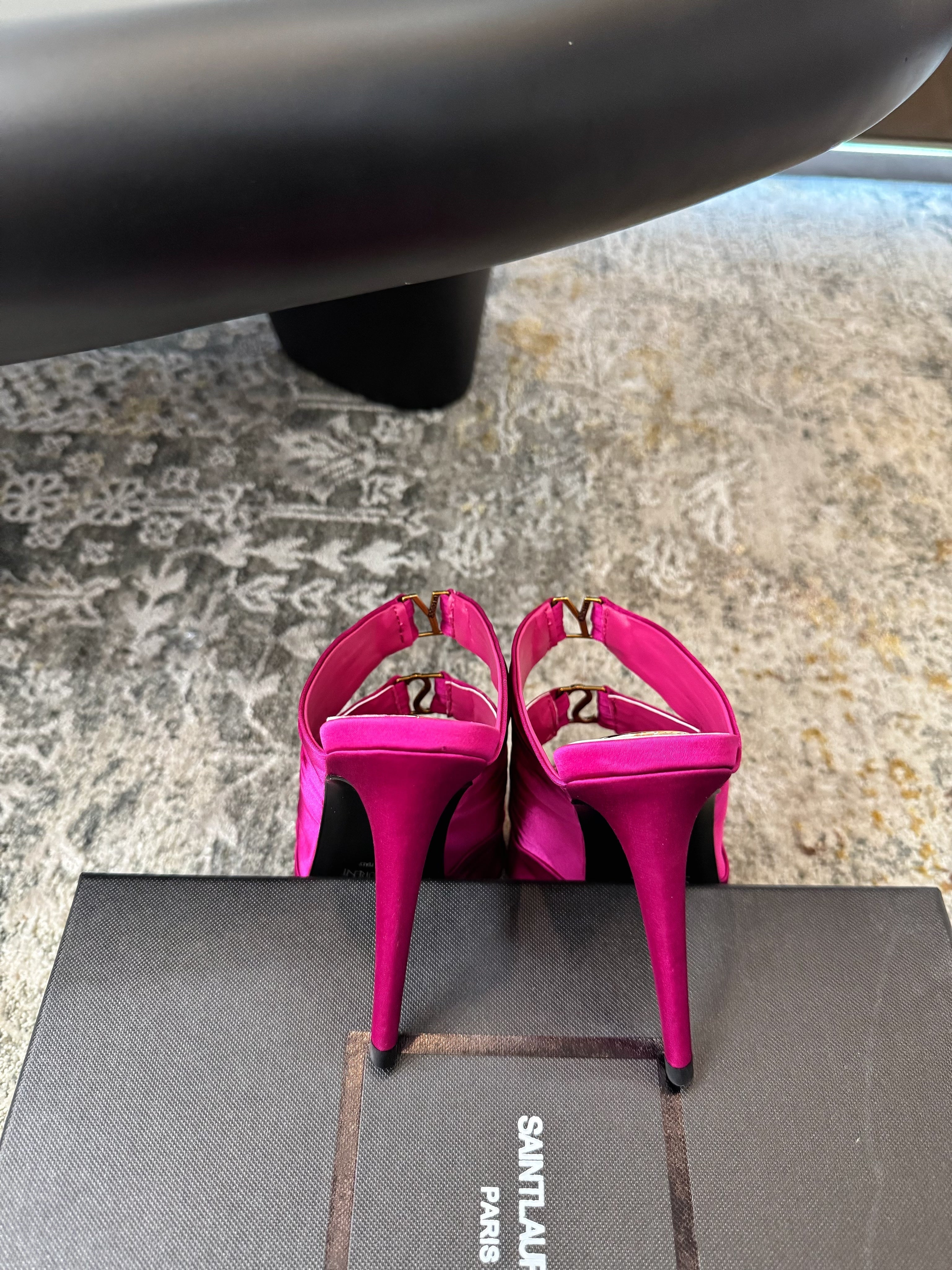 YSL 26S HEELED SANDALS 100 MM IN DARK PINK FABRIC
