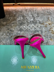 AQUAZZURA 26S CRYSTAL MULES 90 MM IN DARK PINK SATIN