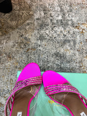 AQUAZZURA 26S CRYSTAL MULES 90 MM IN DARK PINK SATIN