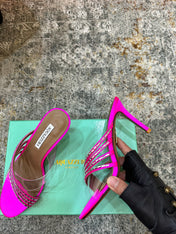 AQUAZZURA 26S CRYSTAL MULES 90 MM IN DARK PINK SATIN