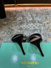 AQUAZZURA 26S CRYSTAL MULES 90 MM IN BLACK SATIN
