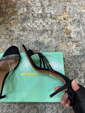 AQUAZZURA 26S CRYSTAL MULES 90 MM IN BLACK SATIN