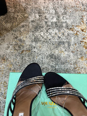 AQUAZZURA 26S CRYSTAL MULES 90 MM IN BLACK SATIN