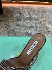 AQUAZZURA 26S CRYSTAL MULES 90 MM IN BROWN SATIN