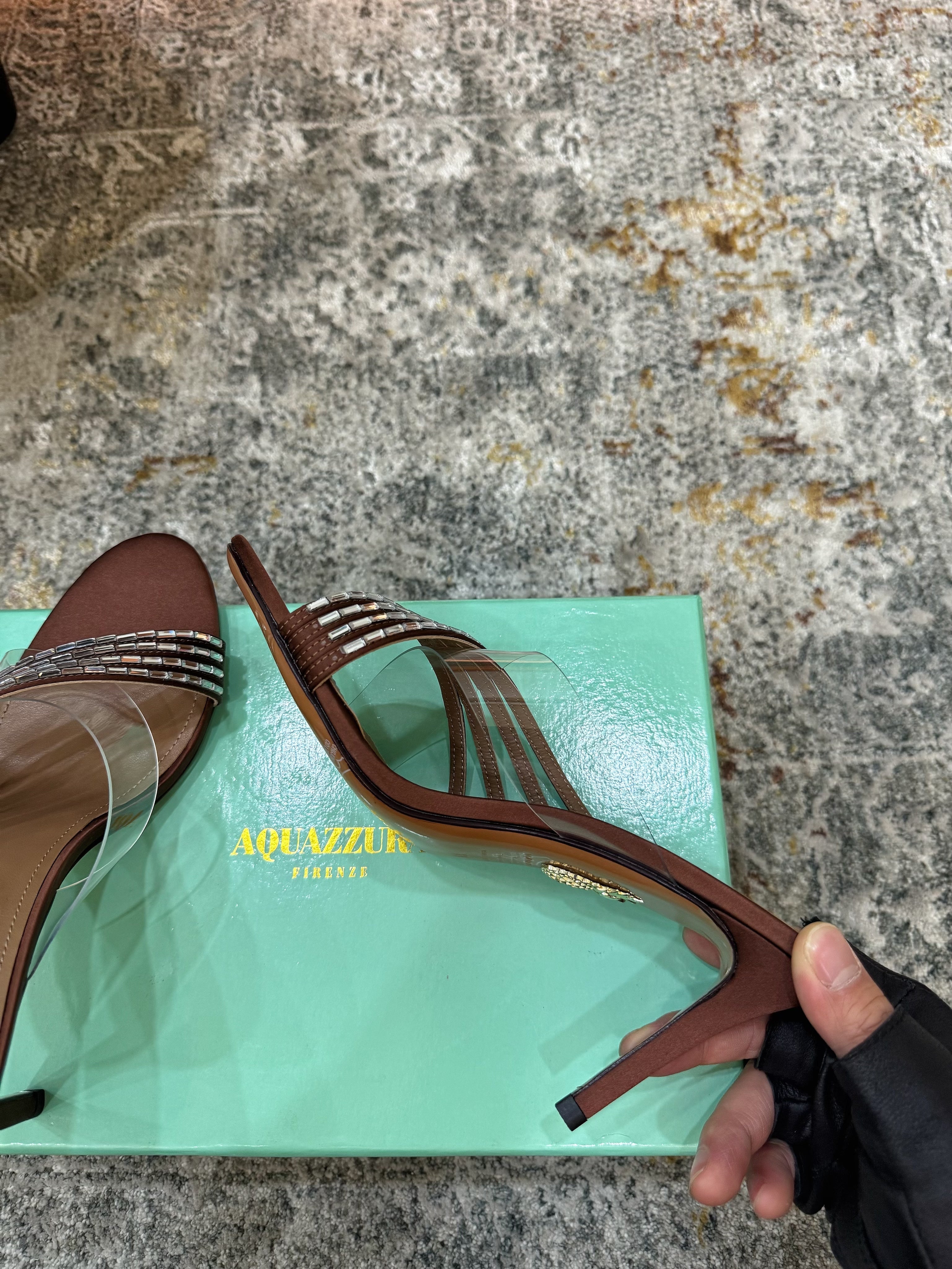 AQUAZZURA 26S CRYSTAL MULES 90 MM IN BROWN SATIN