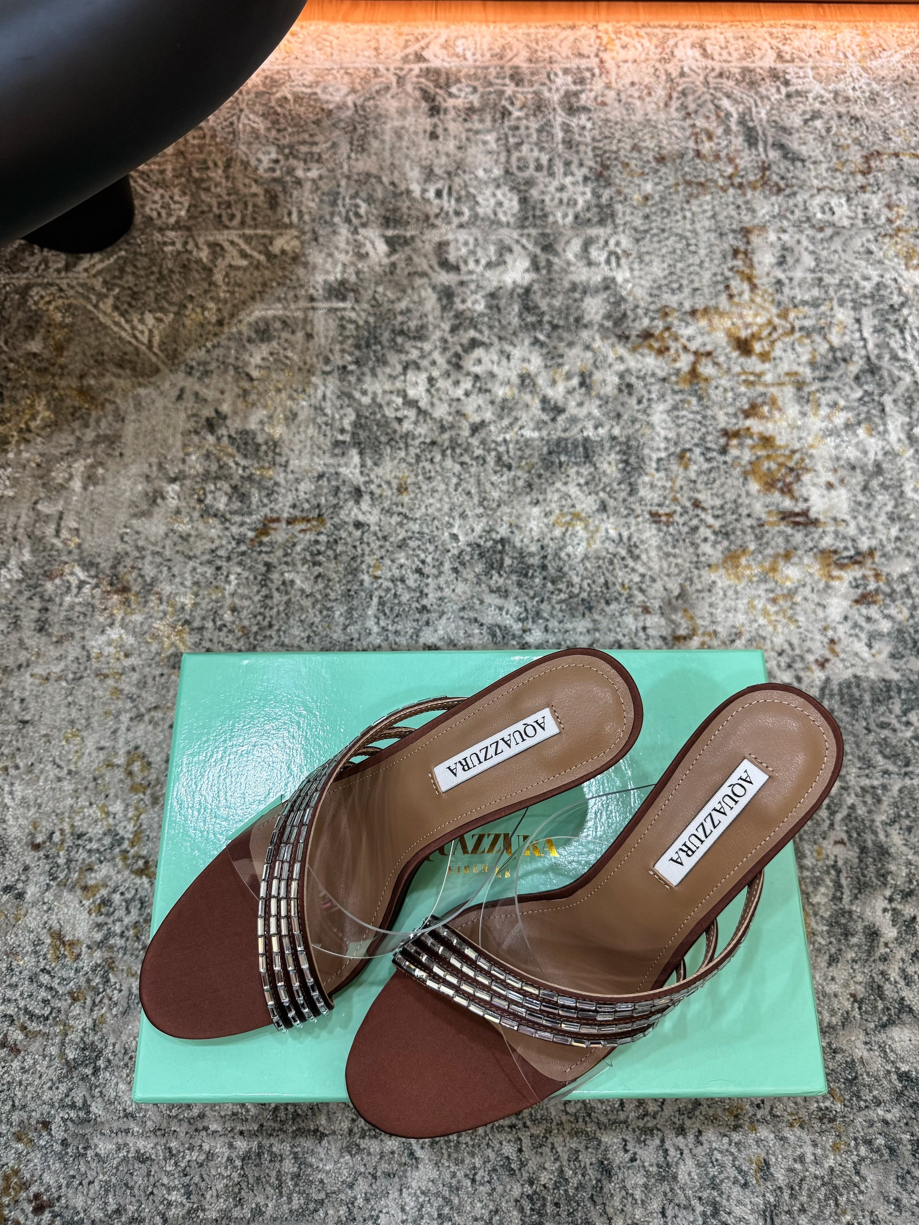 AQUAZZURA 26S CRYSTAL MULES 90 MM IN BROWN SATIN