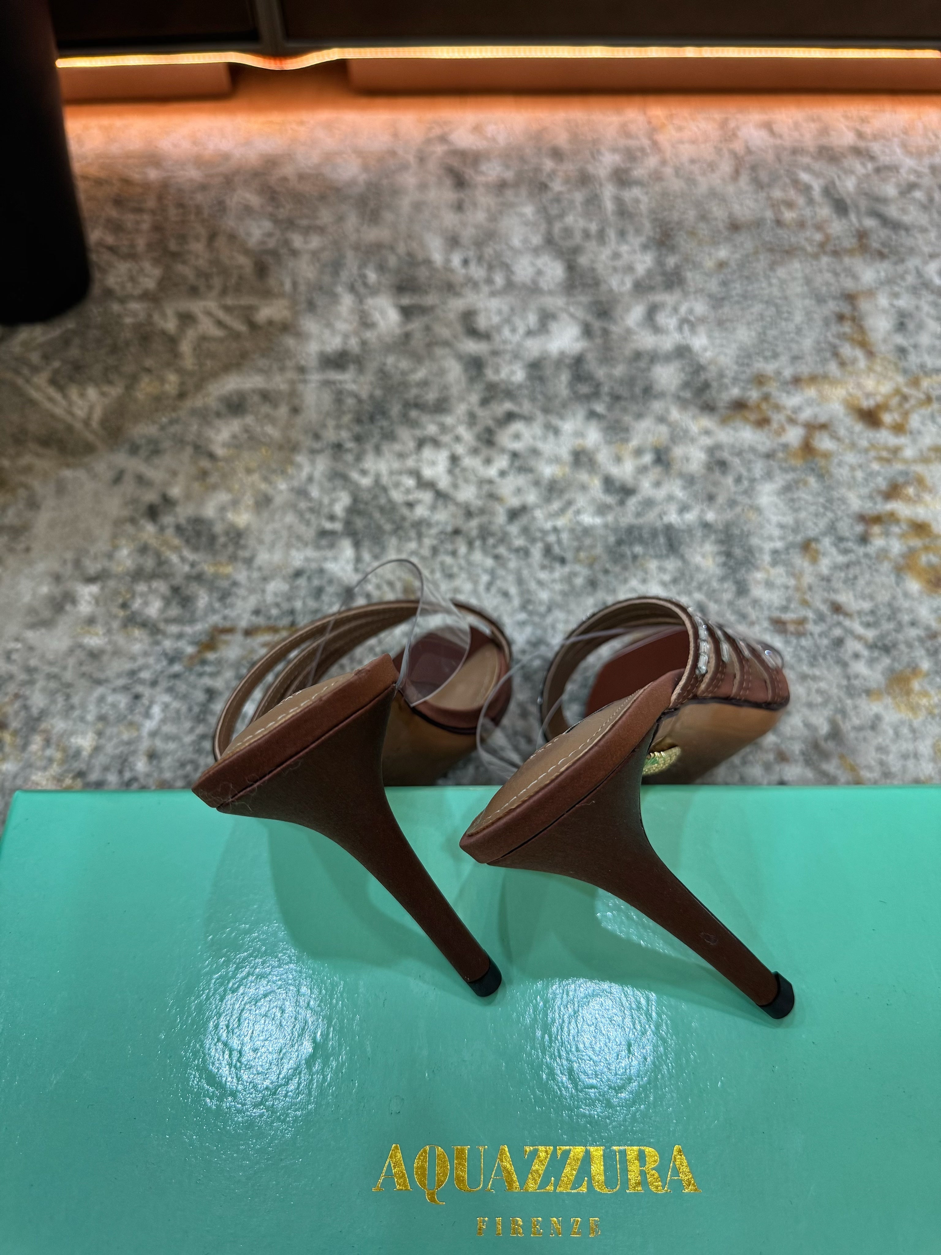 AQUAZZURA 26S CRYSTAL MULES 90 MM IN BROWN SATIN